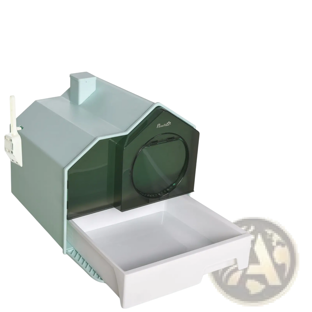 Gray and dark green house-shaped covered cat litter box with pull-out tray scoop and attached mat for easy cleaning