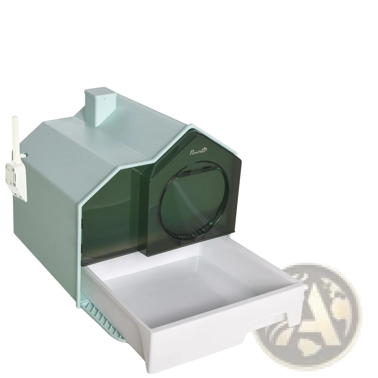 Gray and dark green house-shaped covered cat litter box with pull-out tray scoop and attached mat for easy cleaning