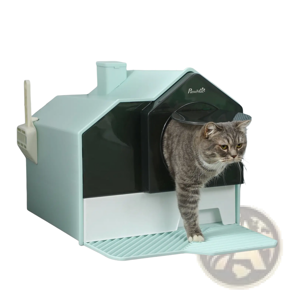 Covered cat litter box by Pawhut in mint green and black with house shape and integrated scoop on the side