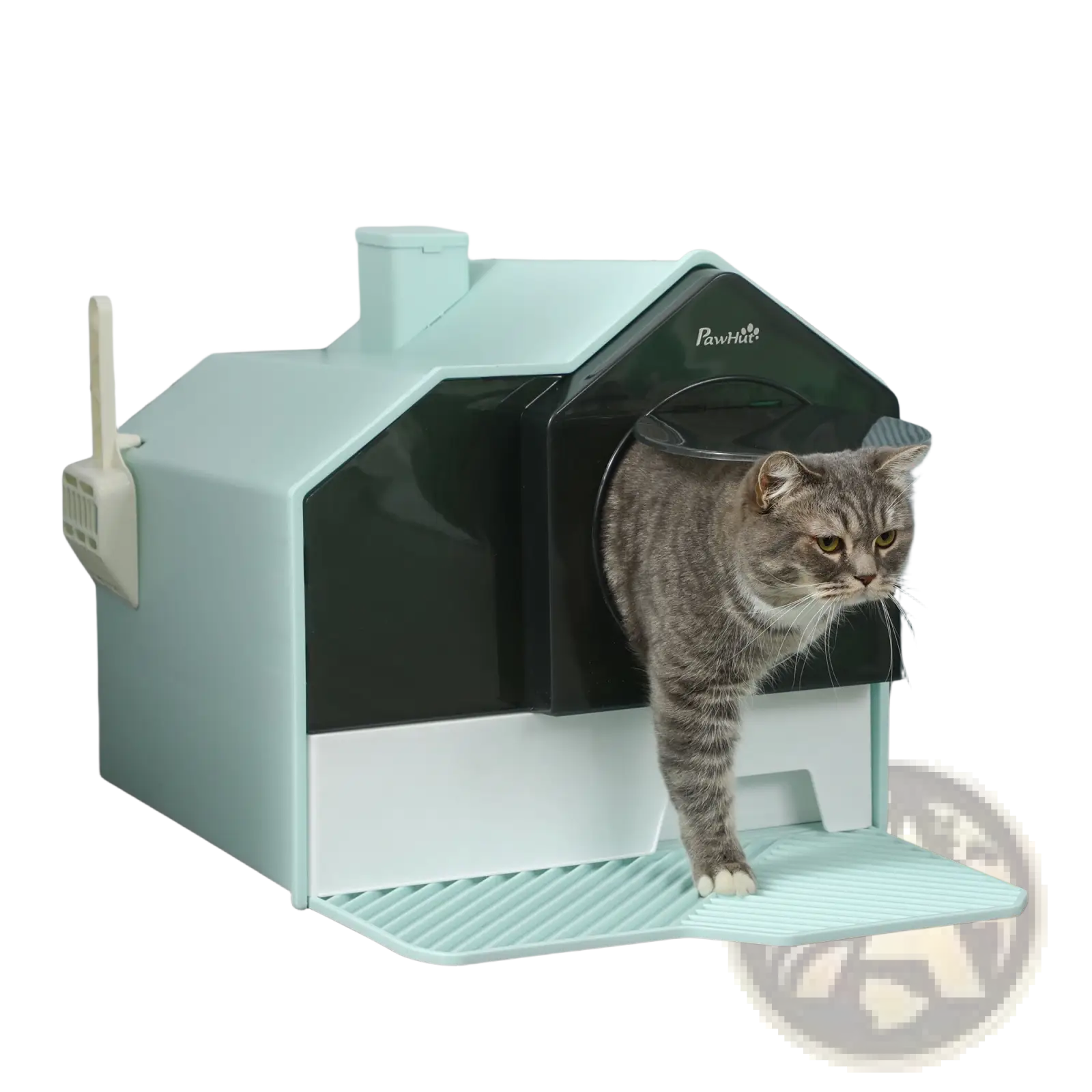 Covered cat litter box by Pawhut in mint green and black with house shape and integrated scoop on the side