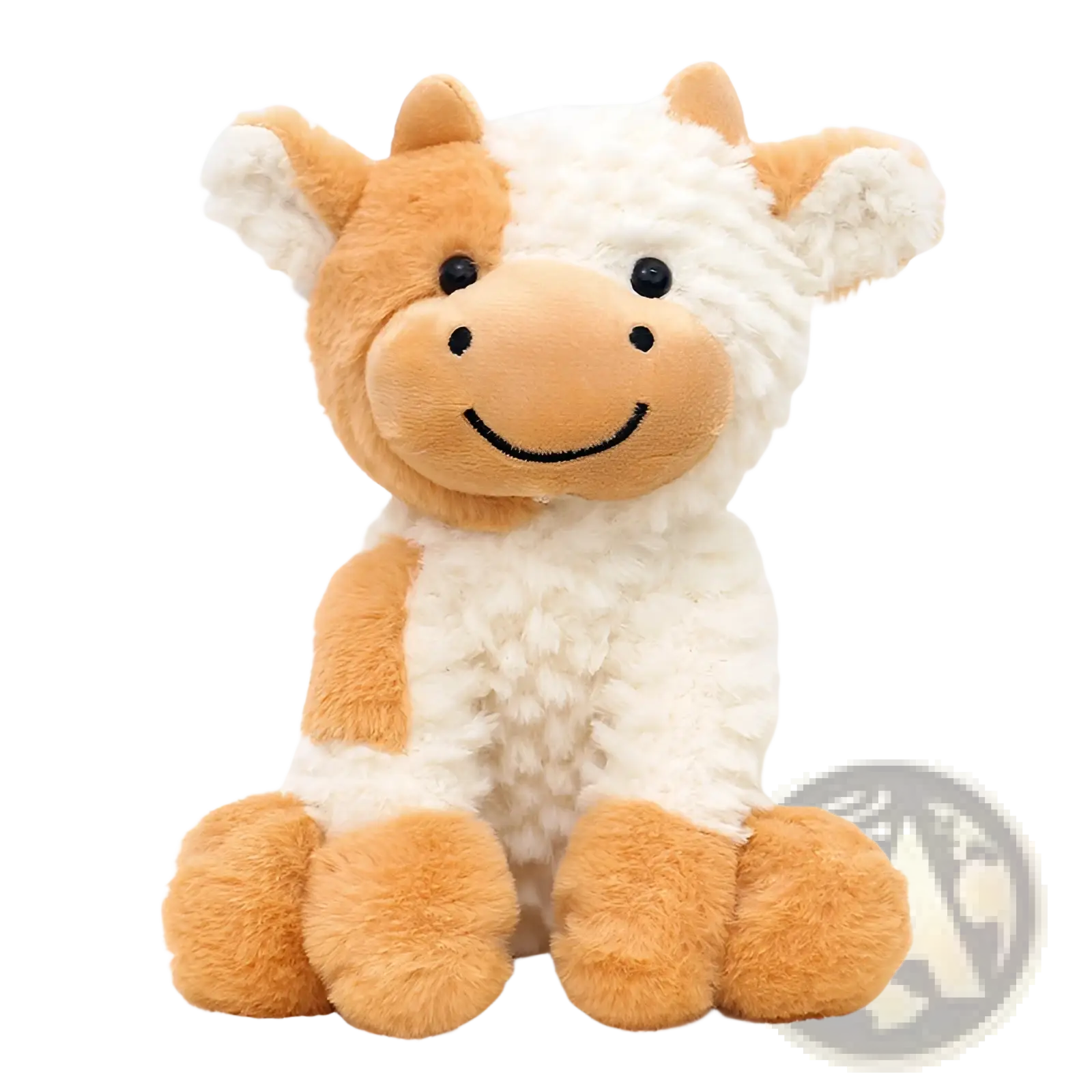 A plush cow toy with a fluffy white and tan coat smiling while sitting as a soft stuffed animal