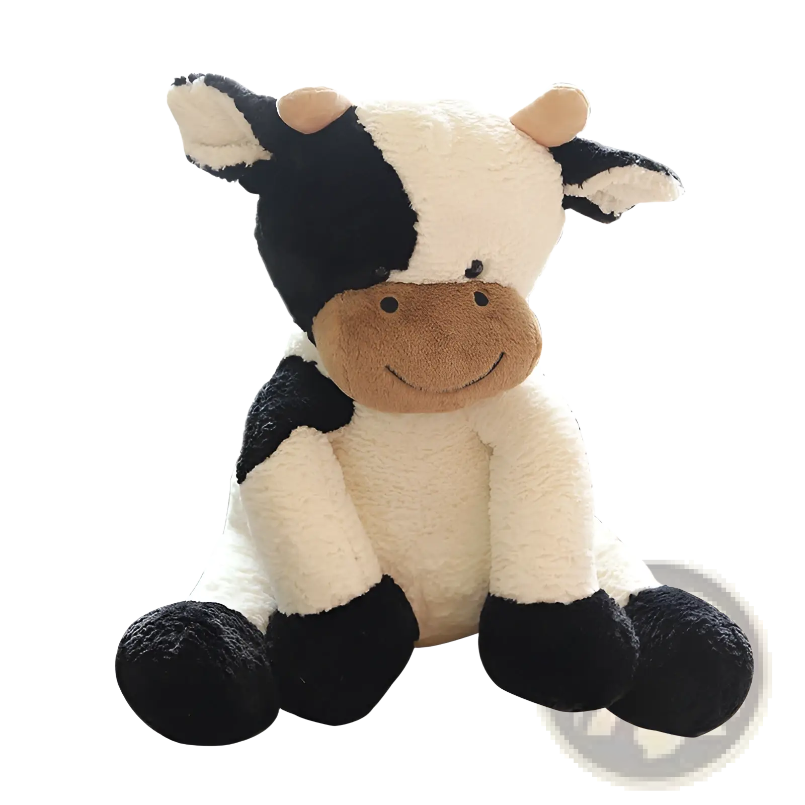 A plush black and white cow toy with a brown snout sitting upright soft stuffed animal for decoration or play