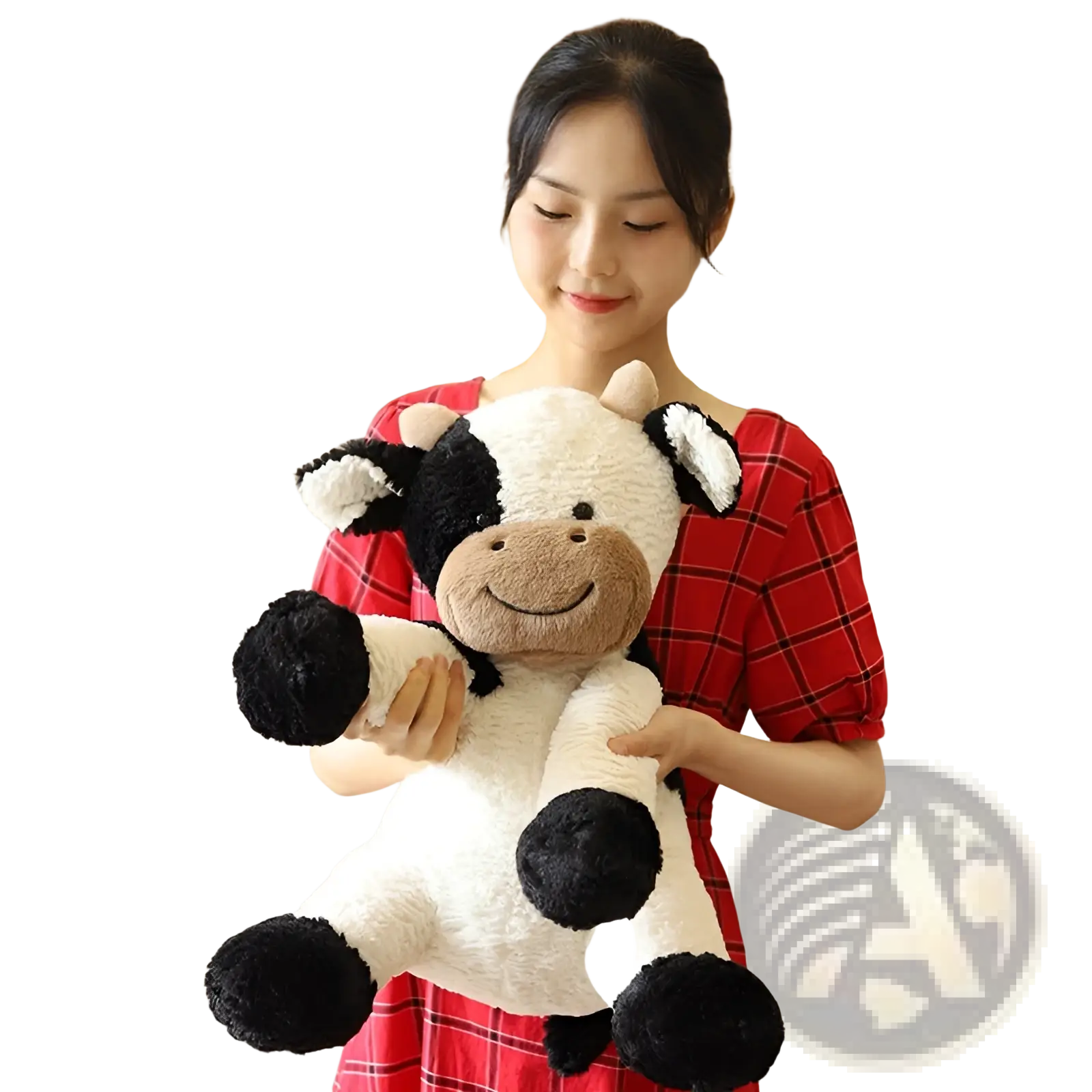 A plush black and white cow plush toy with a smiling brown face and soft fluffy texture for sitting display