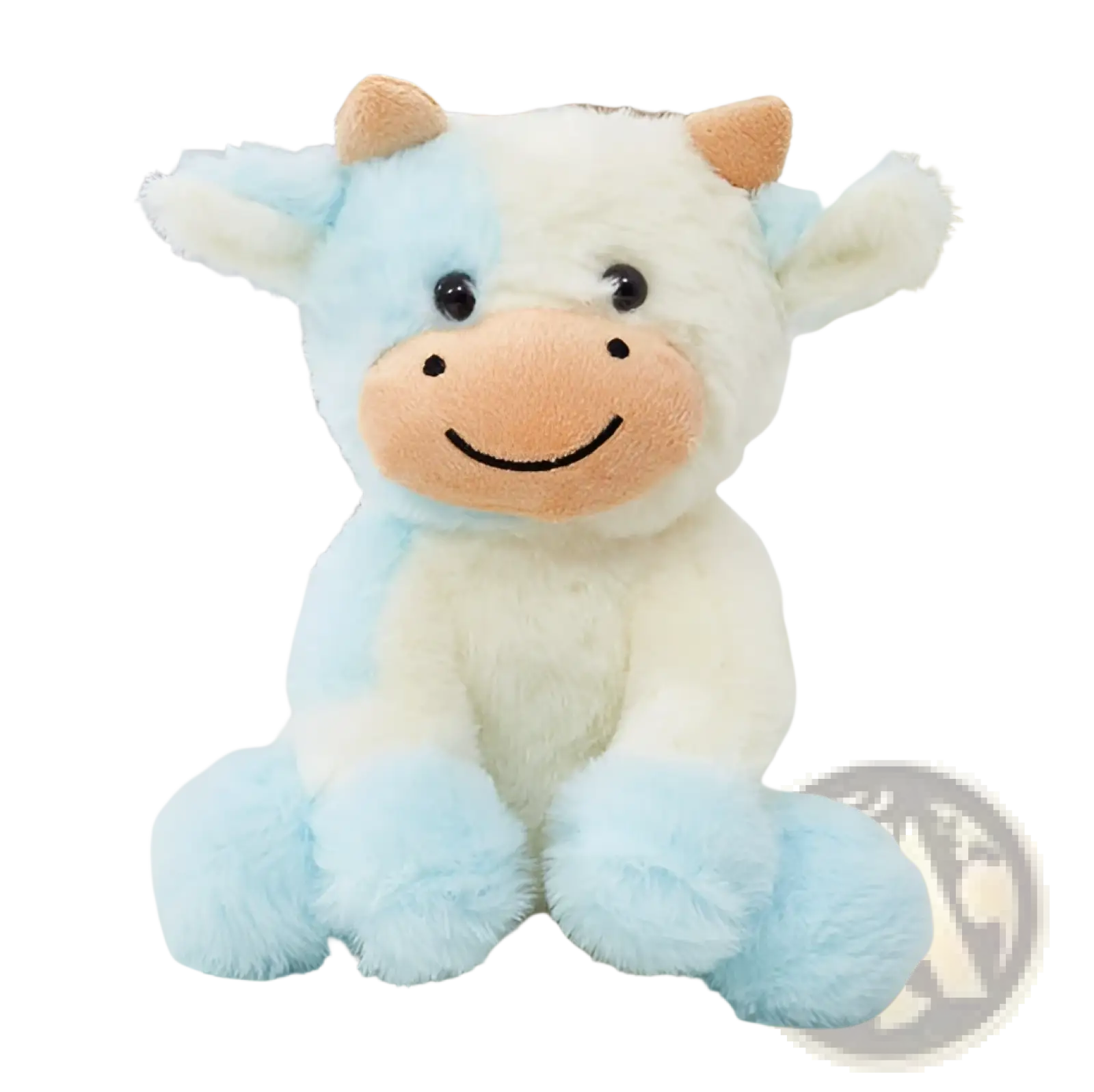 A soft plush cow toy with light blue and white fur, tan ears and nose, and black button eyes sitting upright