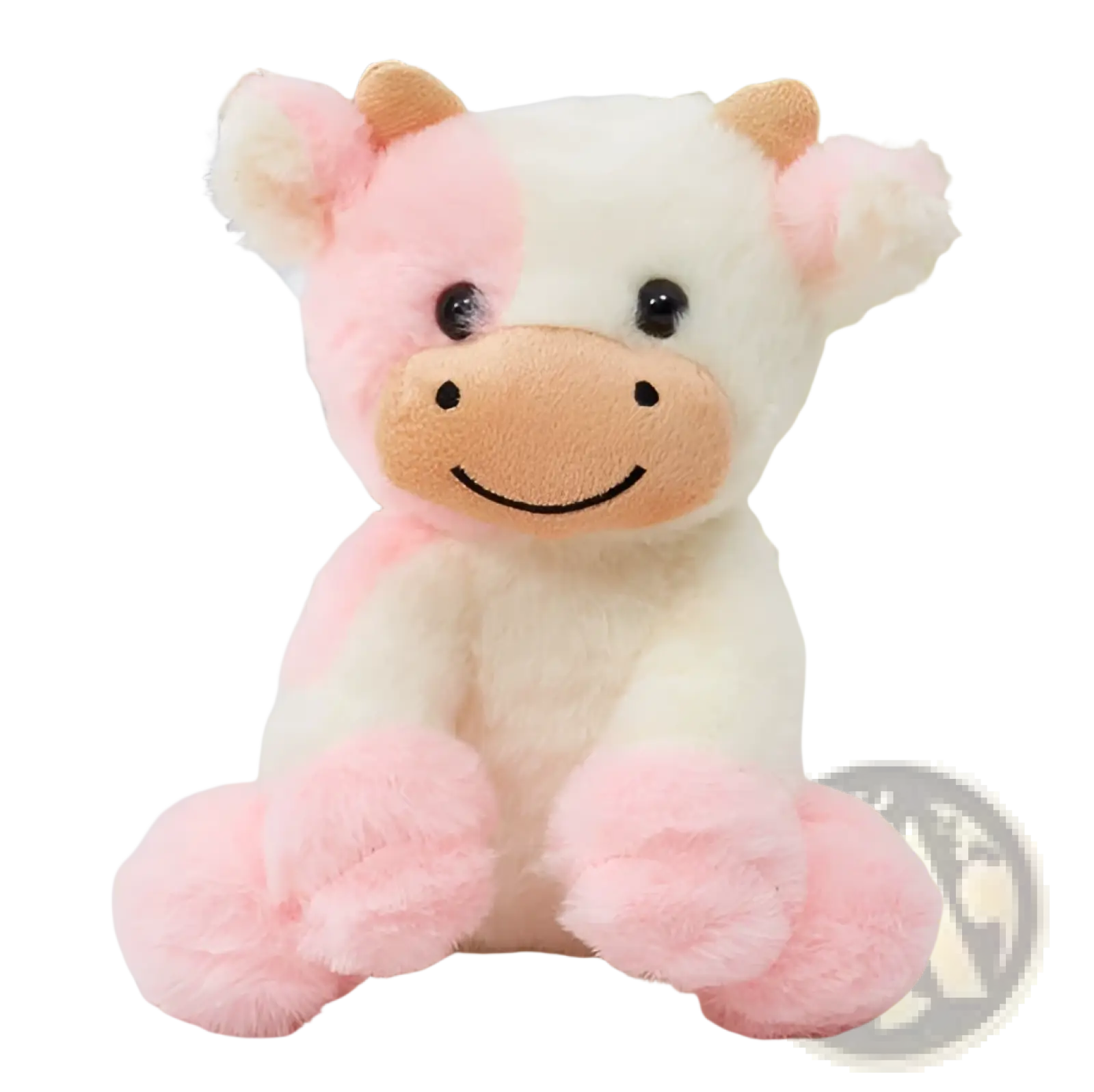 A plush pink and white cow plush toy with soft fluffy fur sitting stuffed animal with black button eyes and orange nose