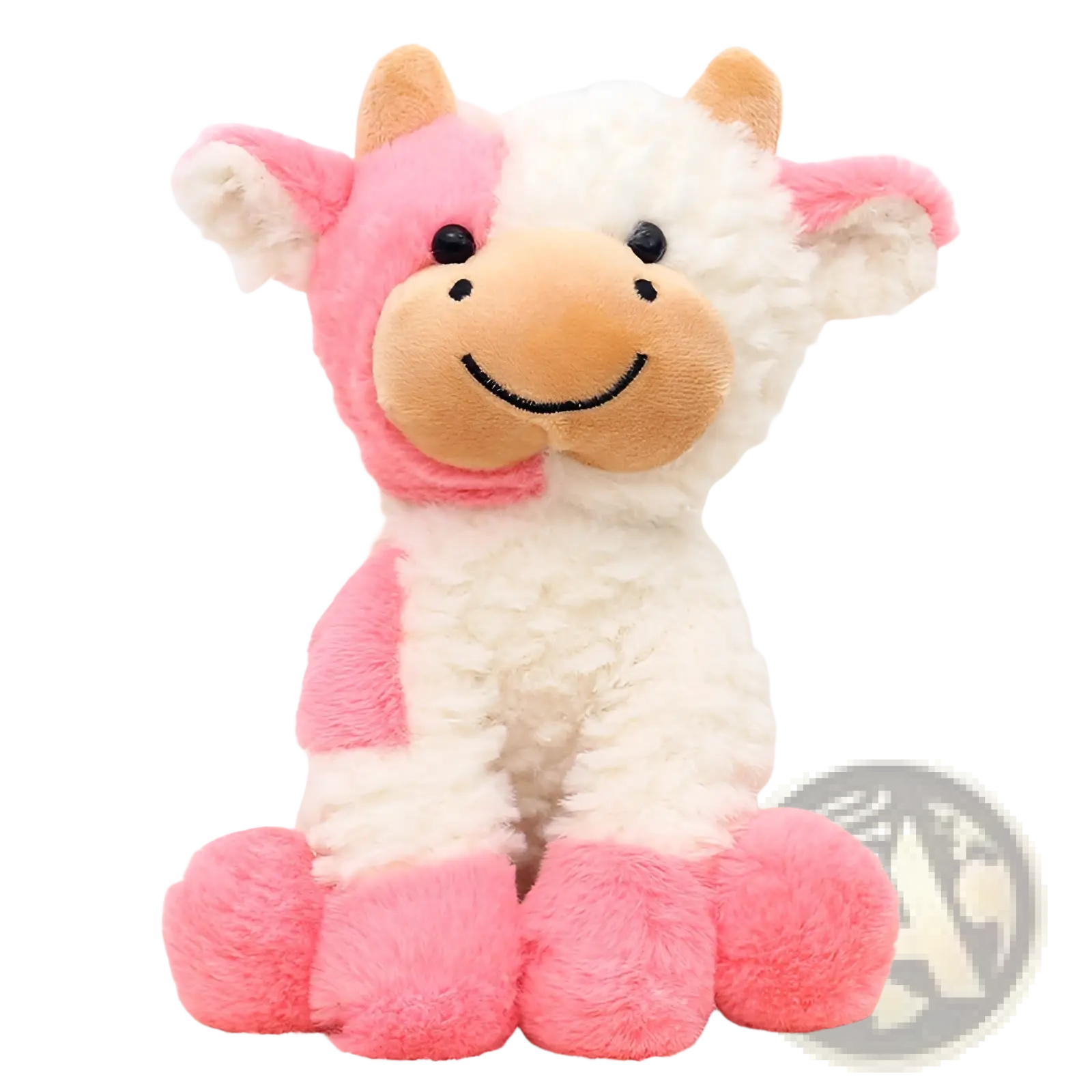 A cute soft sitting cow plush toy in pink and white with fluffy texture black button eyes and smiling tan snout