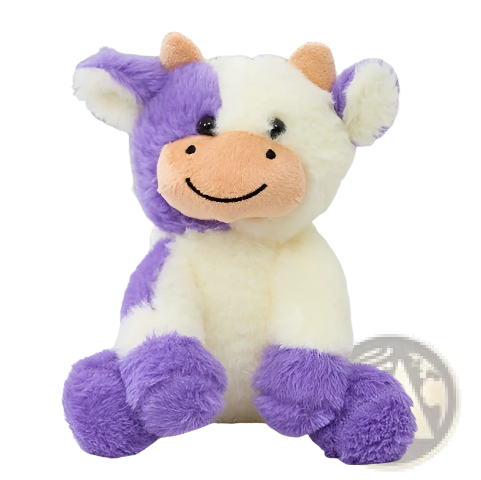 Cow plush toy cute soft sitting stuffed animal with plush purple and white fur and smiling orange nose