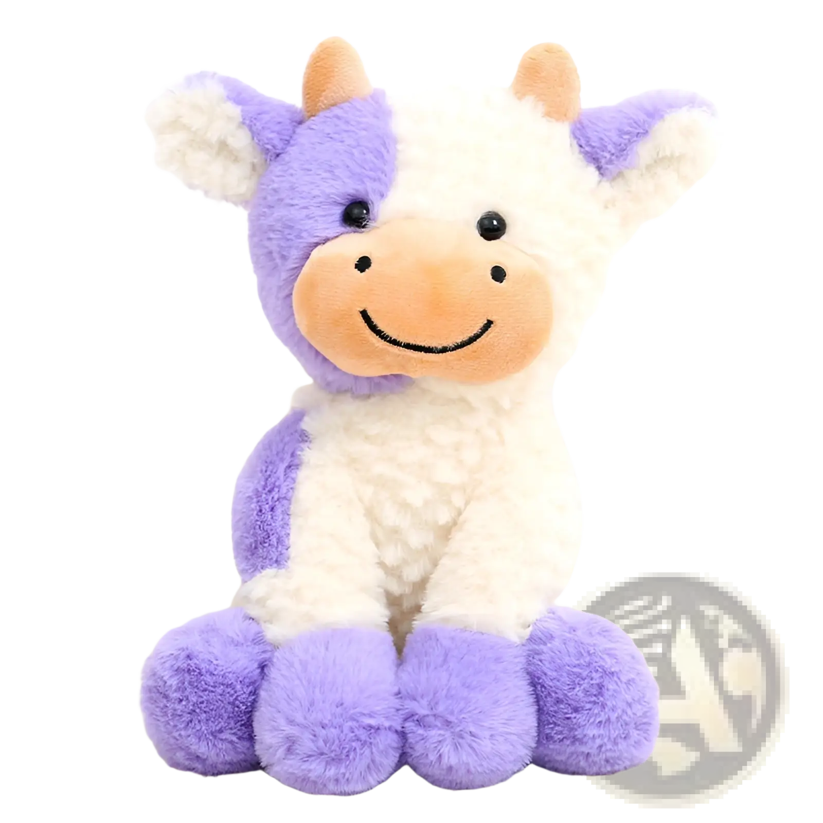 A cute soft sitting cow plush toy in purple and white with an orange snout and embroidered black eyes