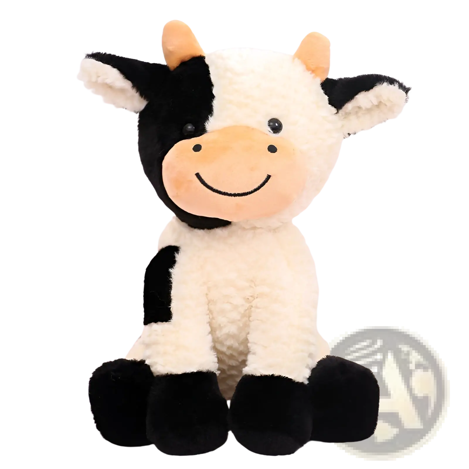 Adorable black and white plush cow toy with soft fluffy texture and tan nose sitting as a stuffed animal