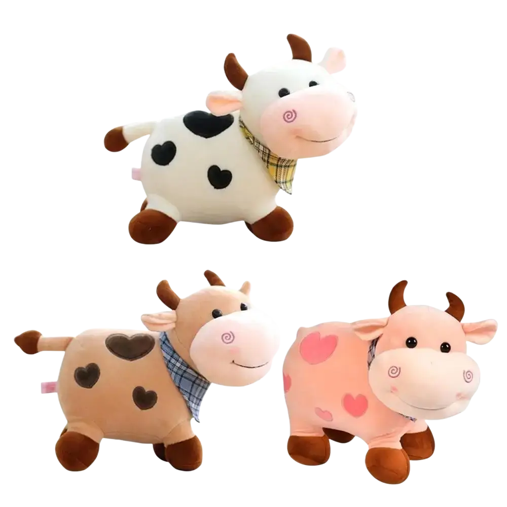 Adorable soft white tan and pink cow plush toy with heart-shaped spots and plaid scarf stuffed animal pillow