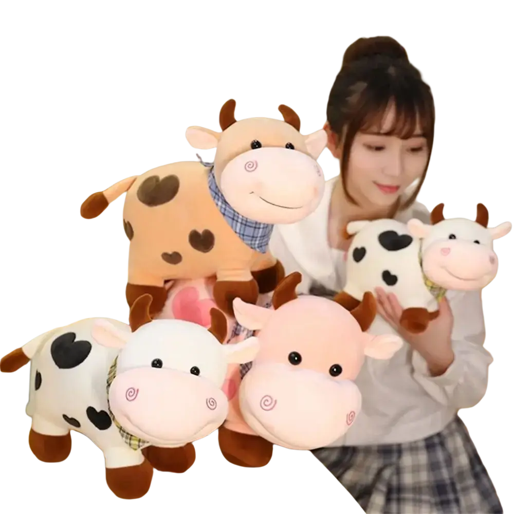 Adorable cow plush toy soft stuffed animal pillow in pastel and brown tones with embroidered heart spots and plaid scarf