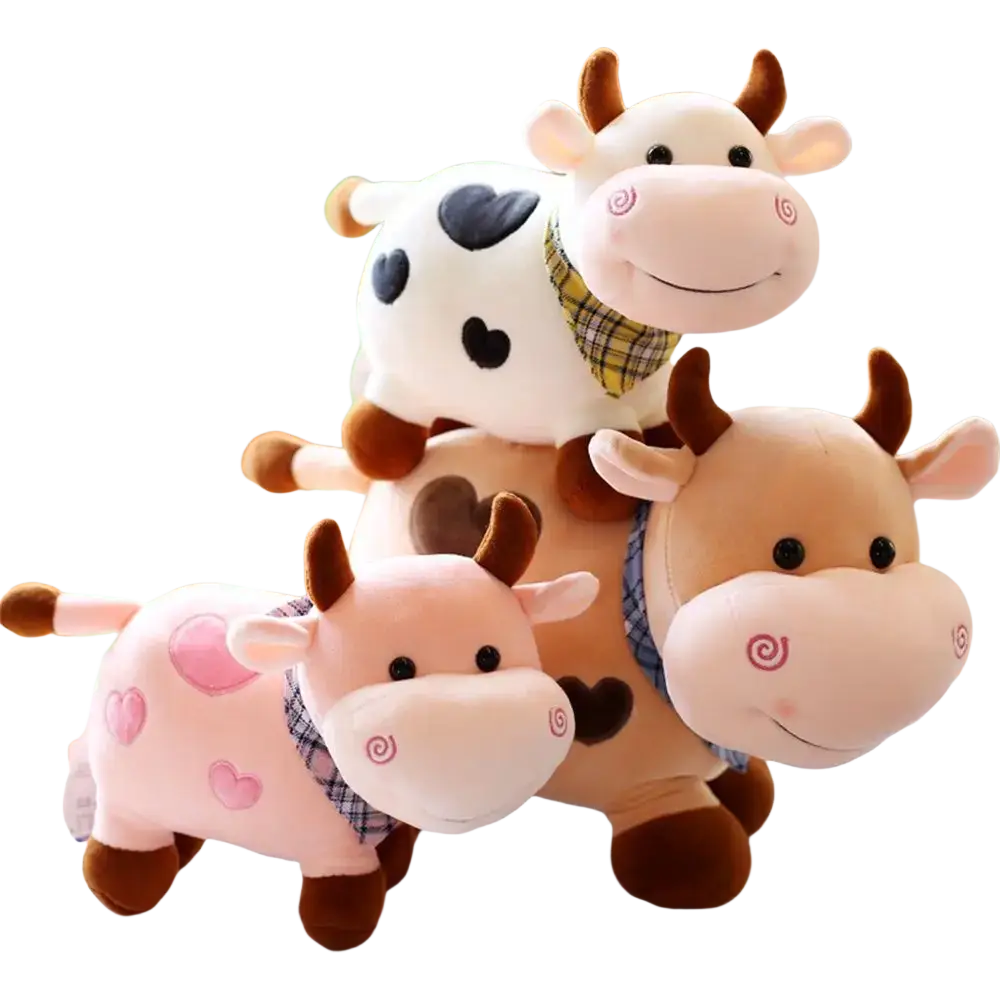 Adorable soft pastel cow plush toy with embroidered details and plaid scarves perfect as a stuffed animal pillow