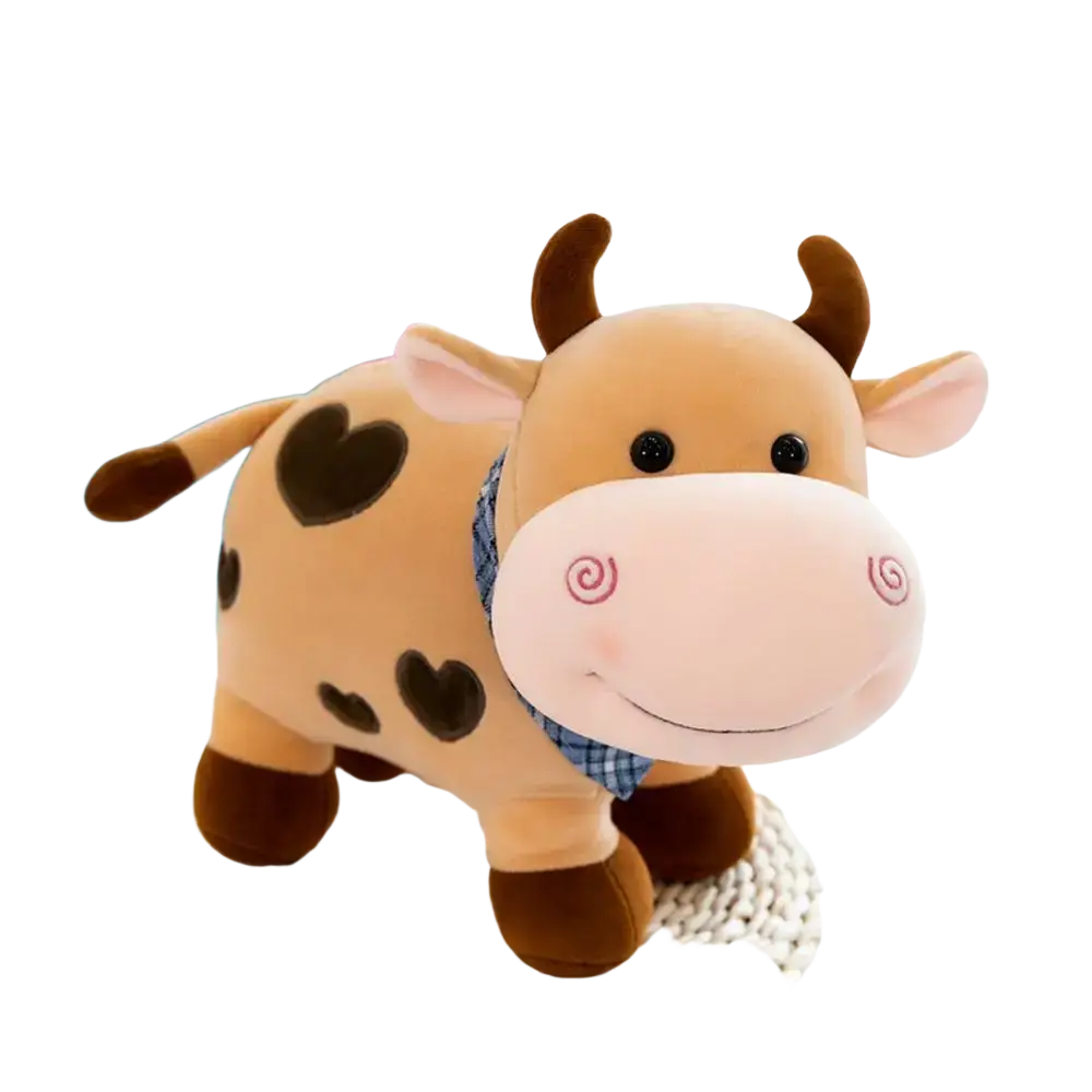 Adorable tan cow plush toy with brown heart spots small horns and blue plaid scarf soft stuffed animal pillow