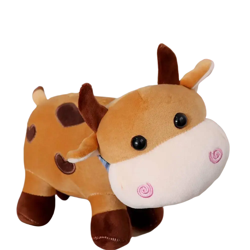 Cow plush toy soft stuffed animal pillow in brown and white with heart-shaped spots and pink embroidered snout made of velour