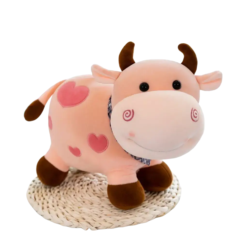 Pink plush cow plush toy with brown horns hooves and heart-shaped spots soft stuffed animal pillow