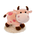 Pink plush cow plush toy with brown horns hooves and heart-shaped spots soft stuffed animal pillow
