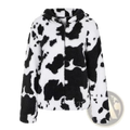 A cozy black and white cow print plush zip-up jacket made of faux fur with a soft hooded design
