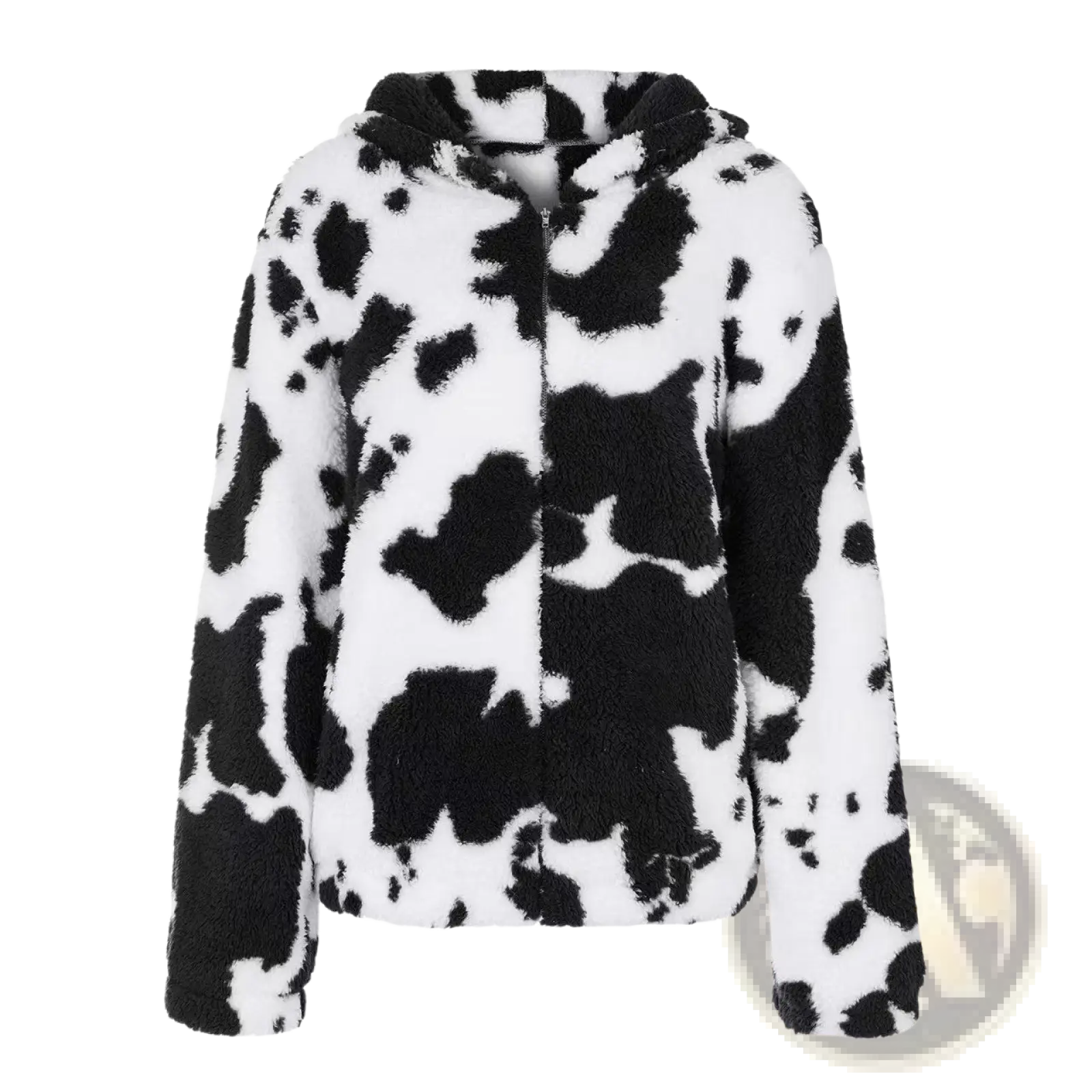 A cozy black and white cow print plush zip-up jacket made of faux fur with a soft hooded design
