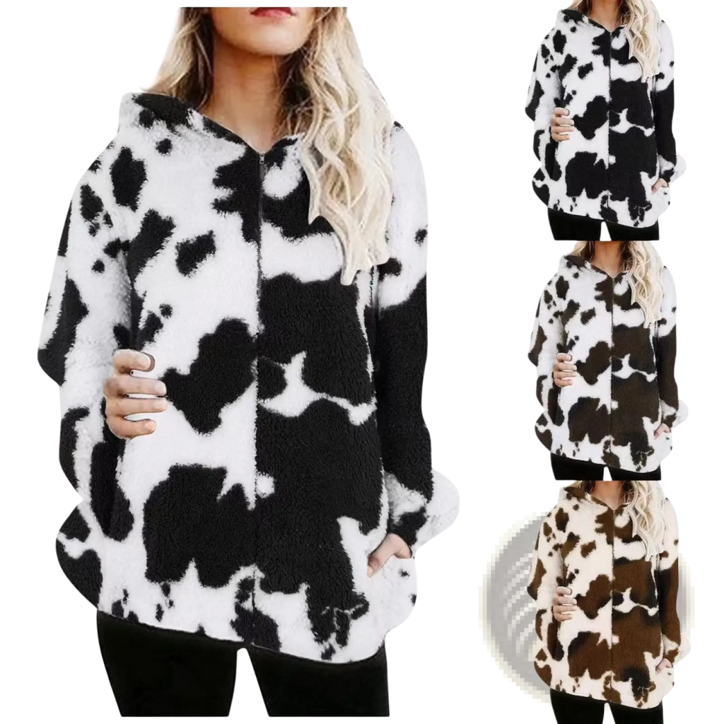Black and white cow print plush zip-up jacket with cozy fleece texture for comfortable outerwear use