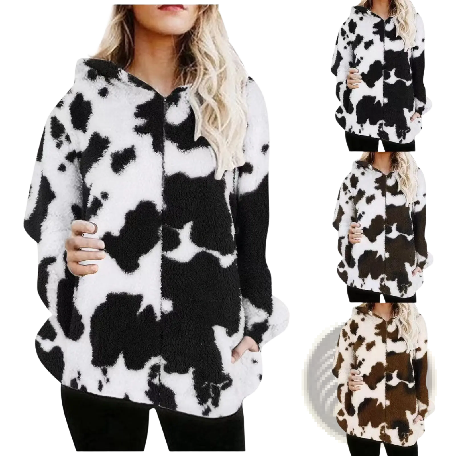 Black and white cow print plush zip-up jacket with cozy fleece texture for comfortable outerwear use