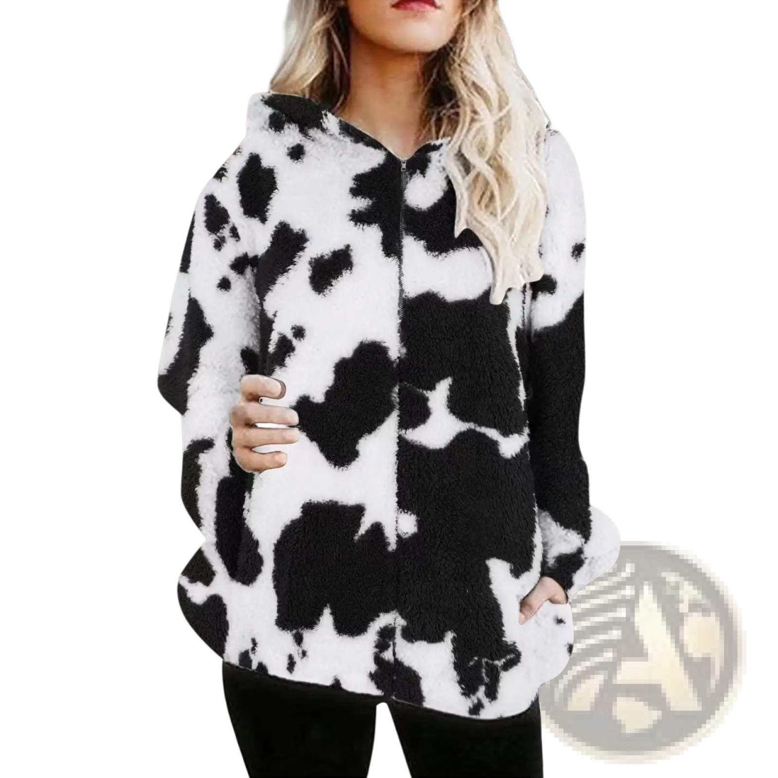Cow print plush zip-up jacket featuring a black and white cow print fleece material and a hoodie design