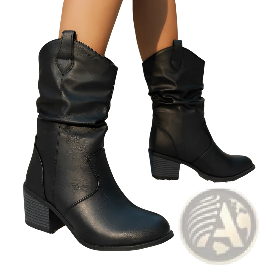 Black leather cowboy boots for women with a square stacked heel and cuffed mid calf pu leather shaft