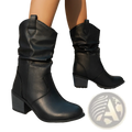 Black leather cowboy boots for women with a square stacked heel and cuffed mid calf pu leather shaft