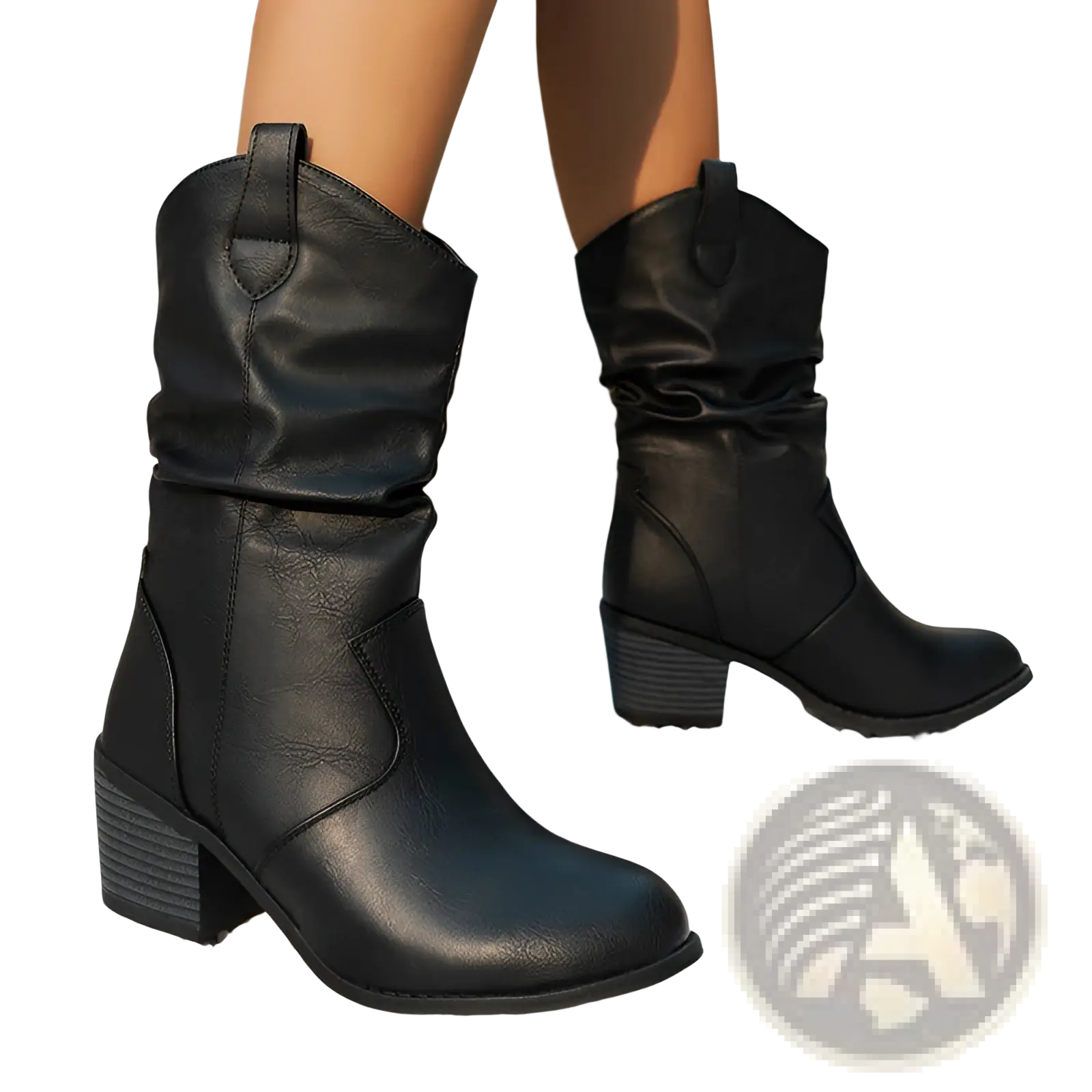Black leather cowboy boots for women with a square stacked heel and cuffed mid calf pu leather shaft