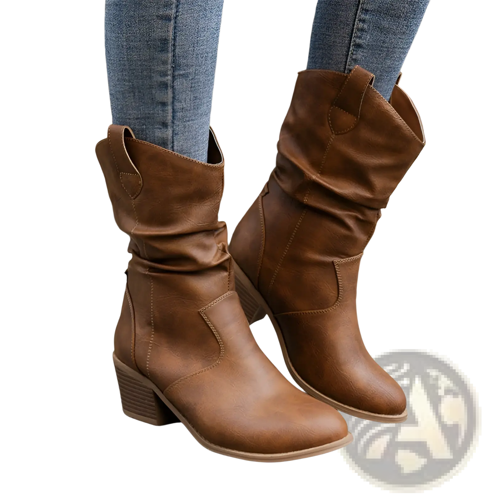 Brown leather cowboy boots for women with a slouchy cuffed design and low square block heel mid calf pu leather