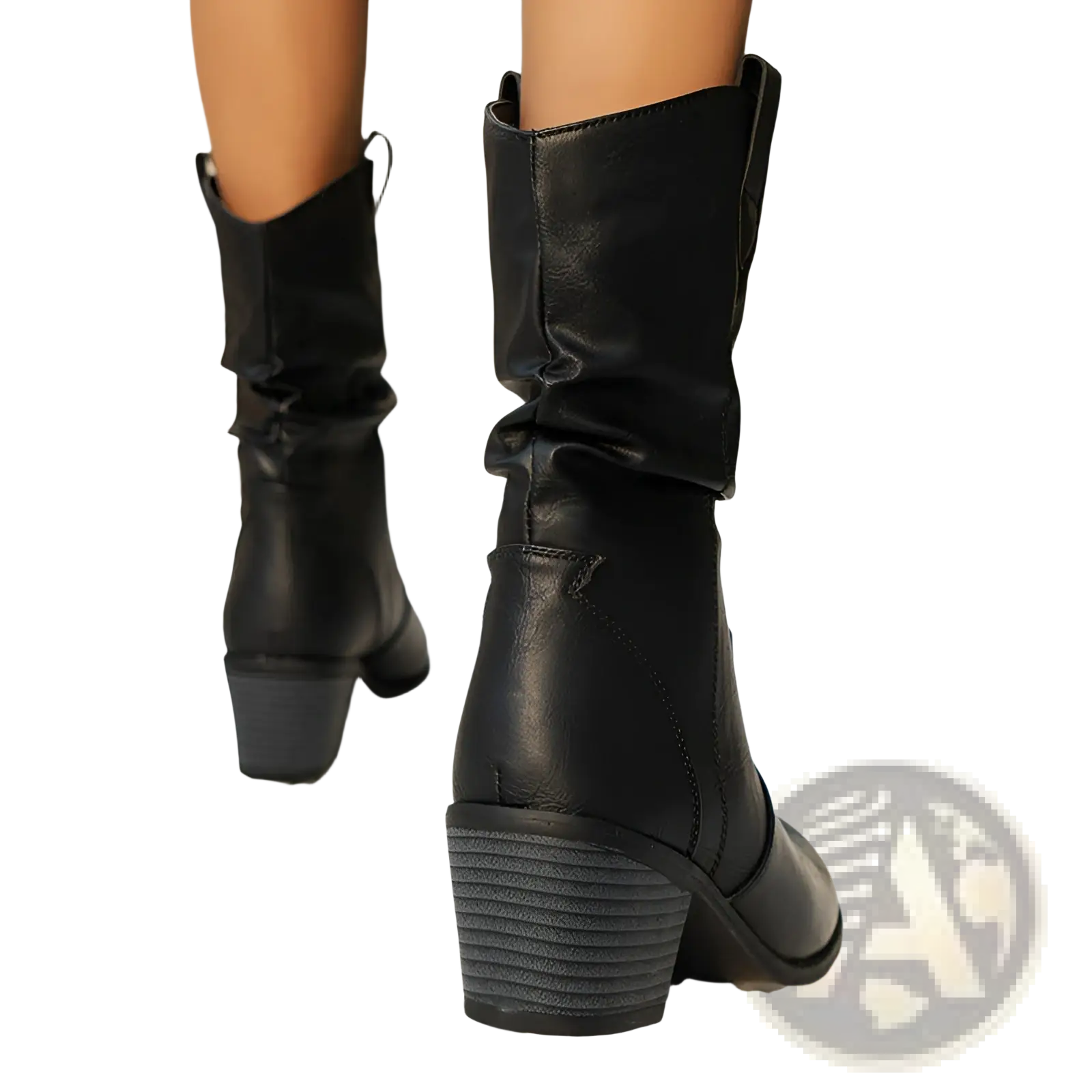 Black leather cowboy ankle boots for women with a square stacked heel and ruched mid calf pu leather upper
