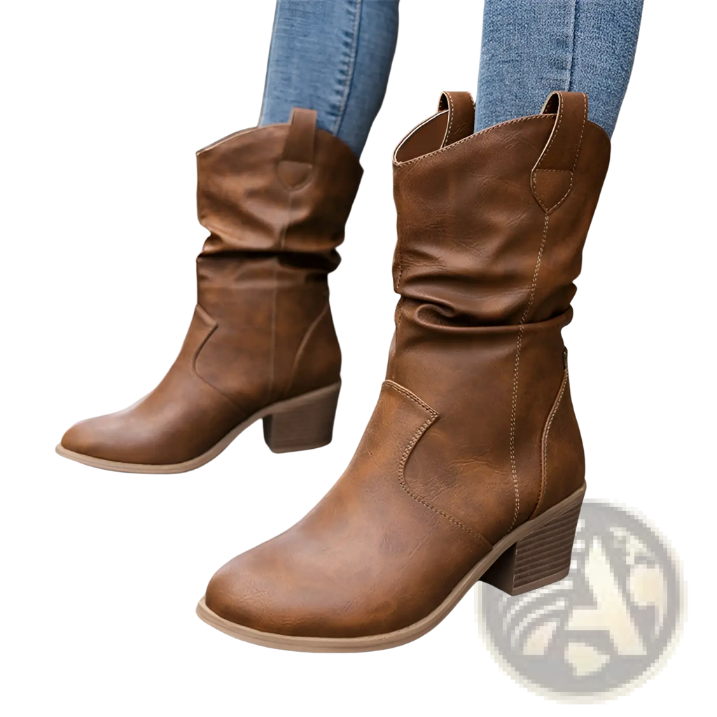 Brown leather cowboy boots for women with a slightly distressed finish and stacked square heel mid calf pu leather