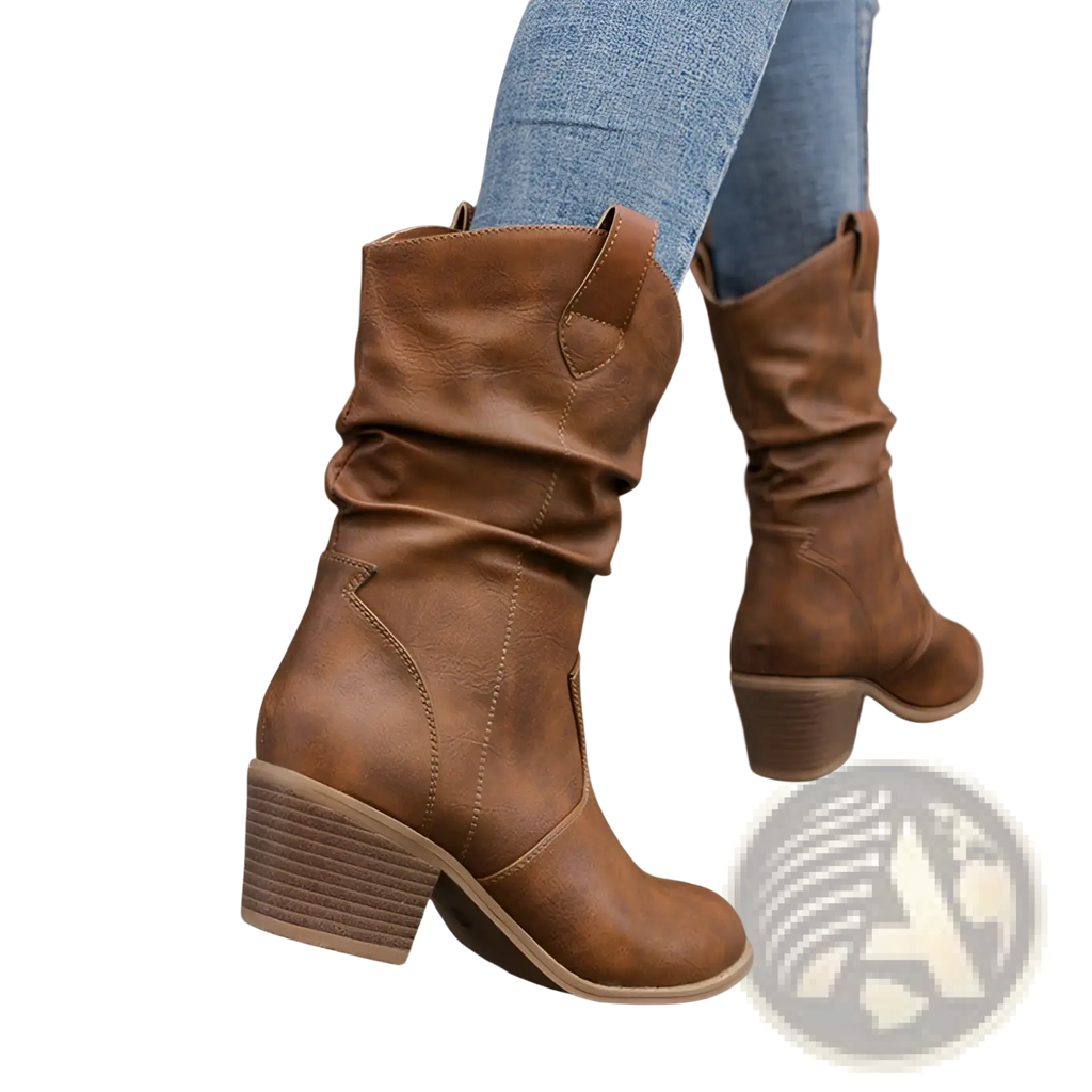 Brown leather cowboy boots for women with stacked heel and cuffed ankle mid calf design in pu leather