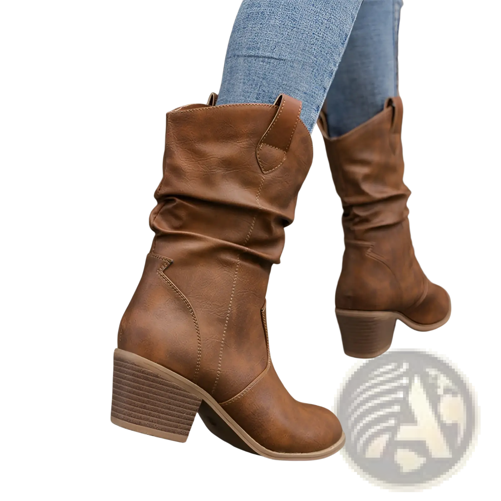 Brown leather cowboy boots for women with stacked heel and cuffed ankle mid calf design in pu leather