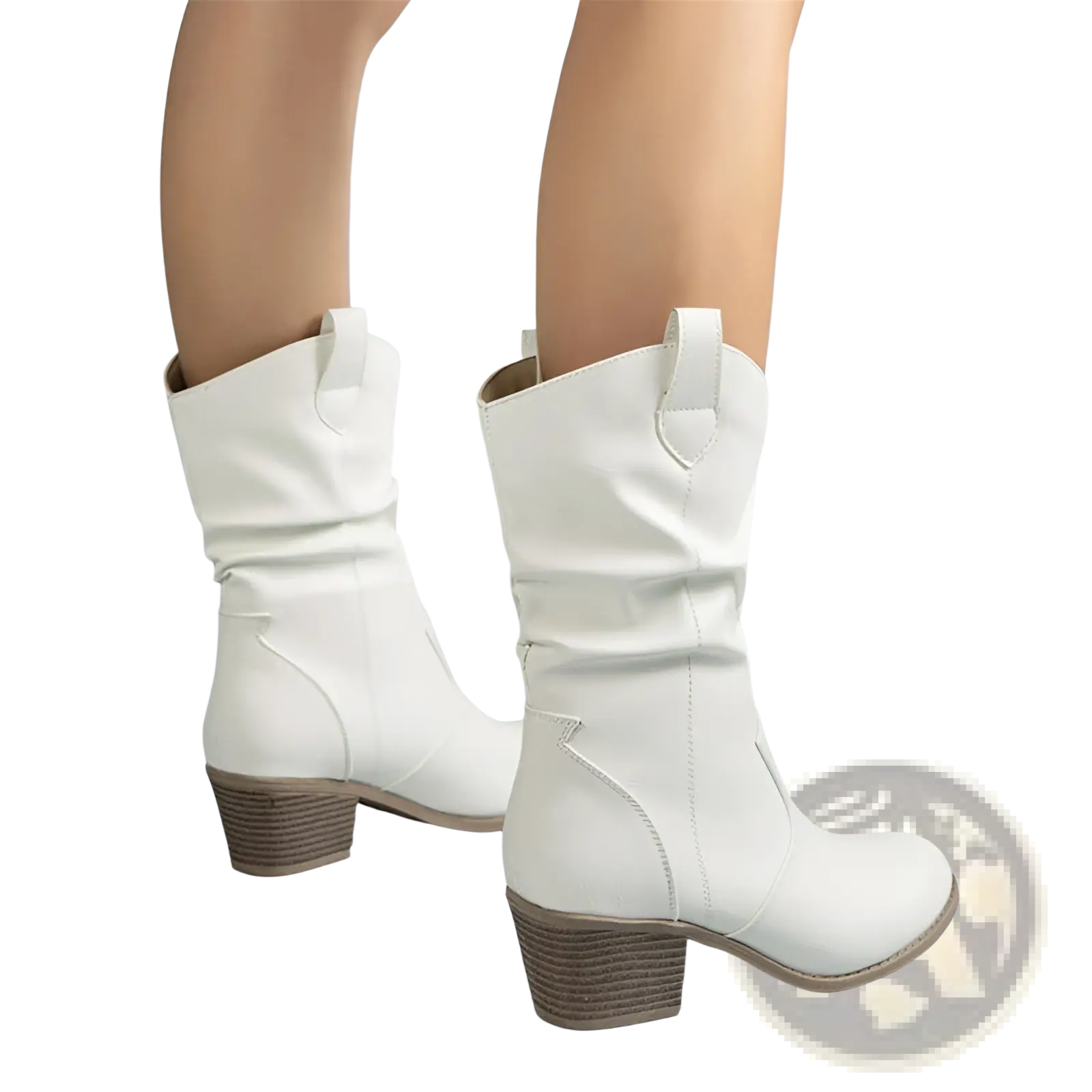 White leather cowboy boots for women with a square stacked heel and decorative stitching mid calf pu leather