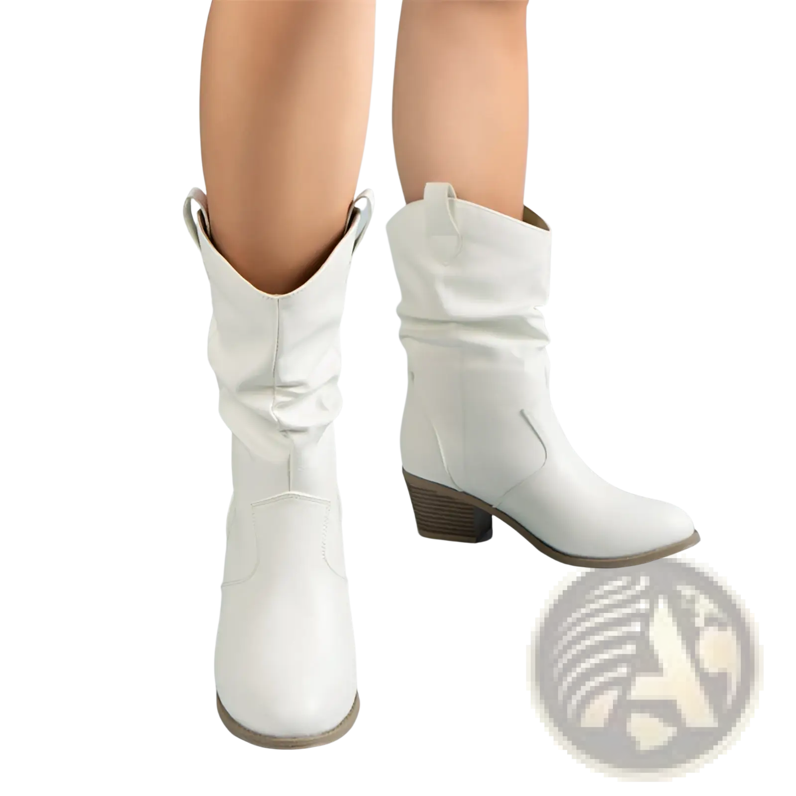 White leather cowboy boots for women with a square stacked heel and cuffed mid calf pu leather shaft