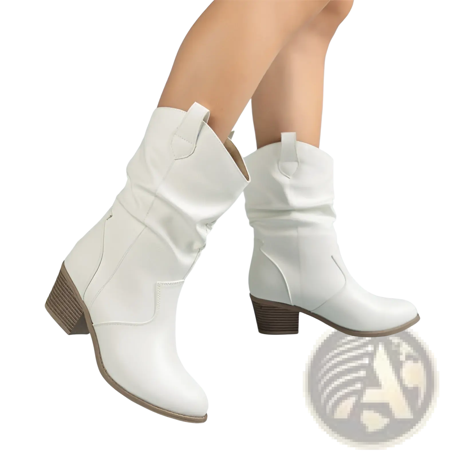 White leather cowboy boots for women with a stacked square heel and crinkled mid calf upper made of pu leather