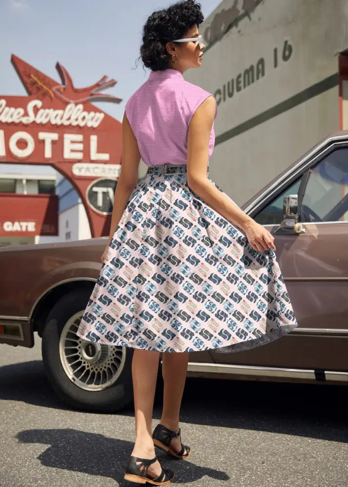 Vintage-style a-line Doris retro pleated cotton skirt with cowgirl boots print in blue gray and white with pockets