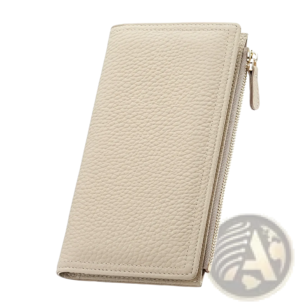 Beige cowhide leather anti theft rfid long zip wallet with textured surface and zipper closure