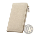 Beige cowhide leather anti theft rfid long zip wallet with textured surface and zipper closure