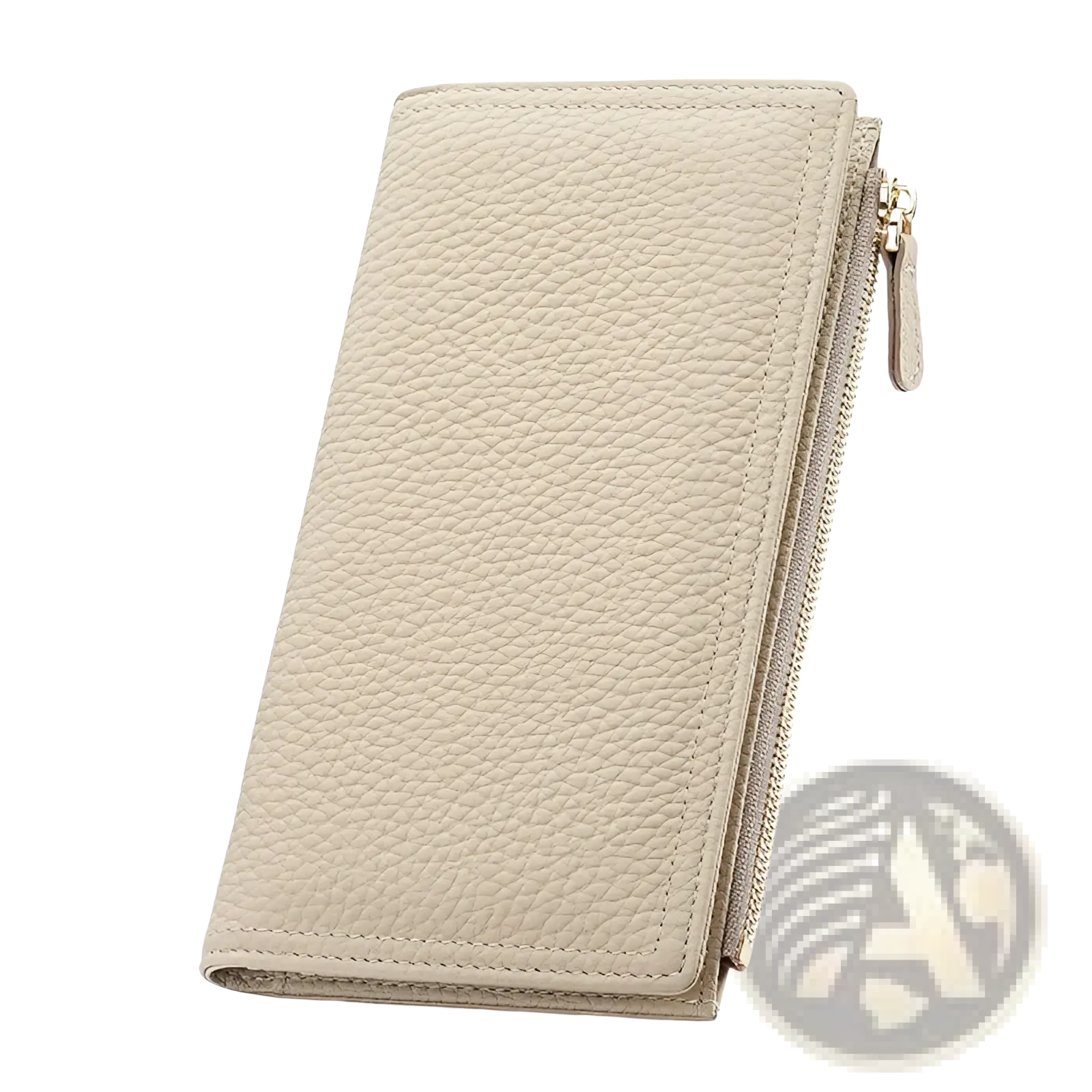 Beige cowhide leather anti theft rfid long zip wallet with textured surface and zipper closure