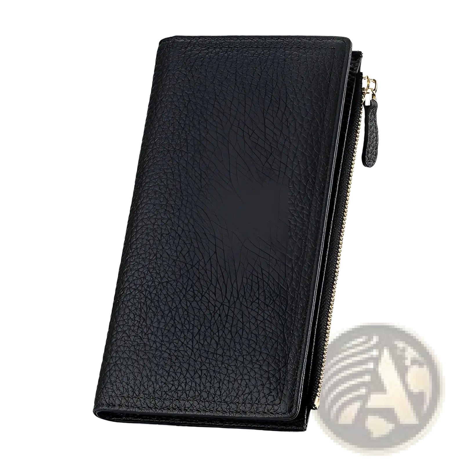 Black cowhide leather anti theft rfid long zip wallet with gold toned zipper and textured finish