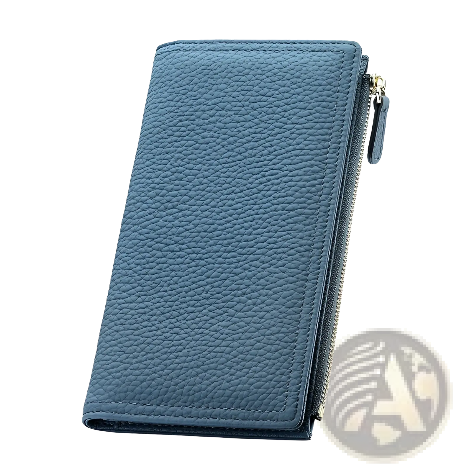 A sleek textured blue cowhide leather anti theft rfid long zip wallet with zipper closure and gold toned hardware