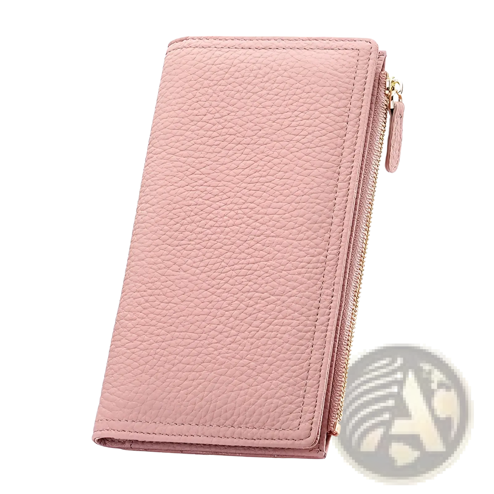 A soft pink cowhide leather long zip wallet with gold-toned zipper featuring anti theft rfid protection