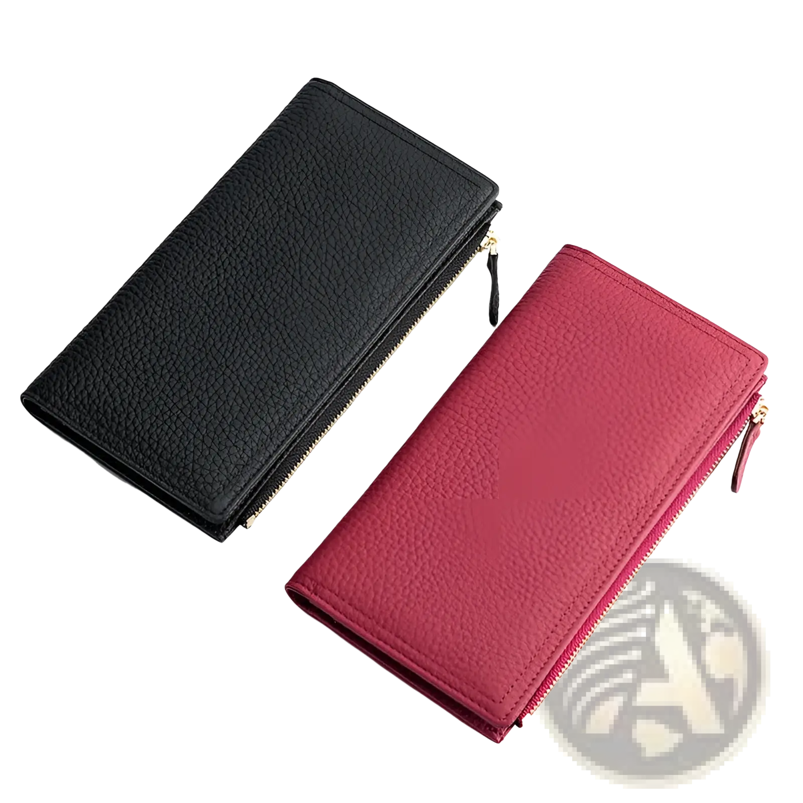 Black and red cowhide leather anti theft RFID long zip wallets with textured finish for secure daily use