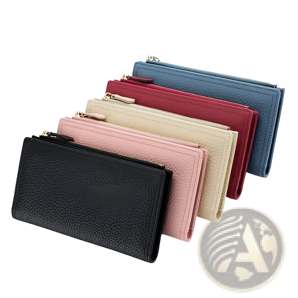A collection of cowhide leather anti theft rfid long zip wallets in black pink beige red and blue with textured finish