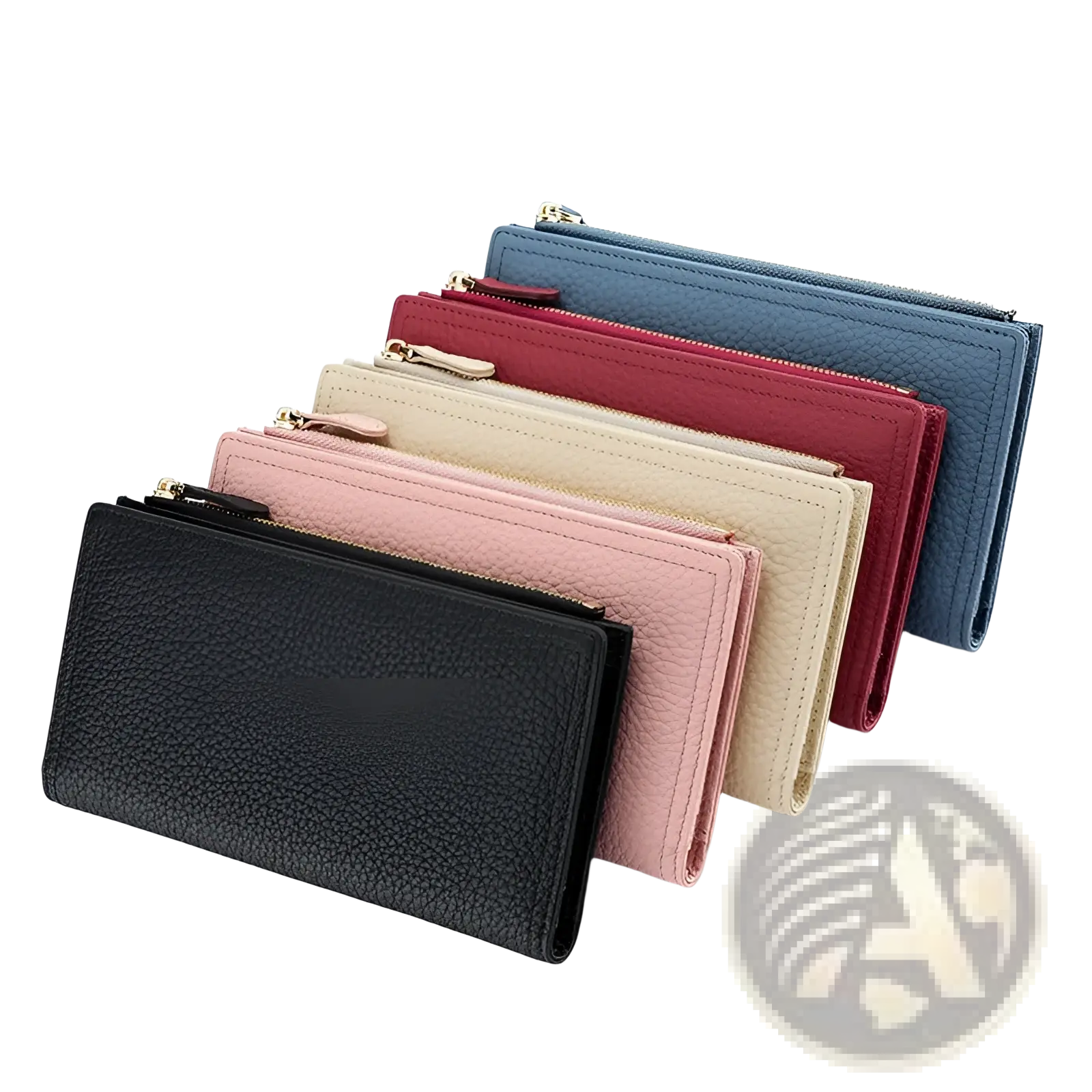 A collection of cowhide leather anti theft rfid long zip wallets in black pink beige red and blue with textured finish