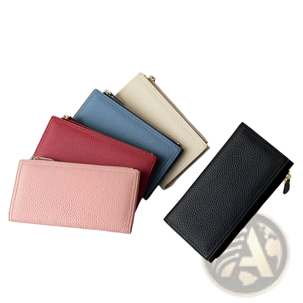 A sleek black cowhide leather anti theft rfid long zip wallet with pebbled texture and gold-toned zipper pull