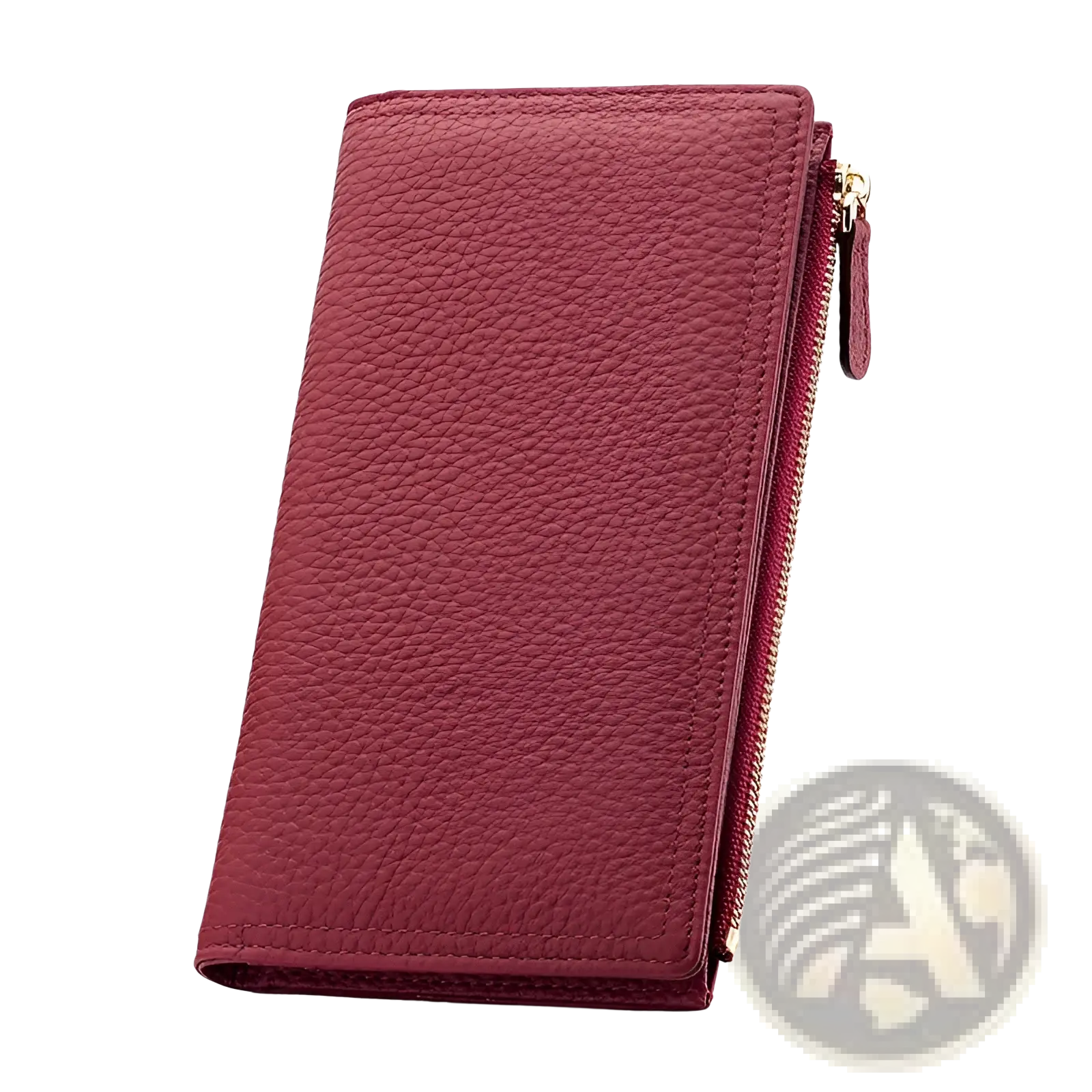 A burgundy cowhide leather anti theft RFID long zip wallet with textured surface gold-toned zipper and matching pull tab