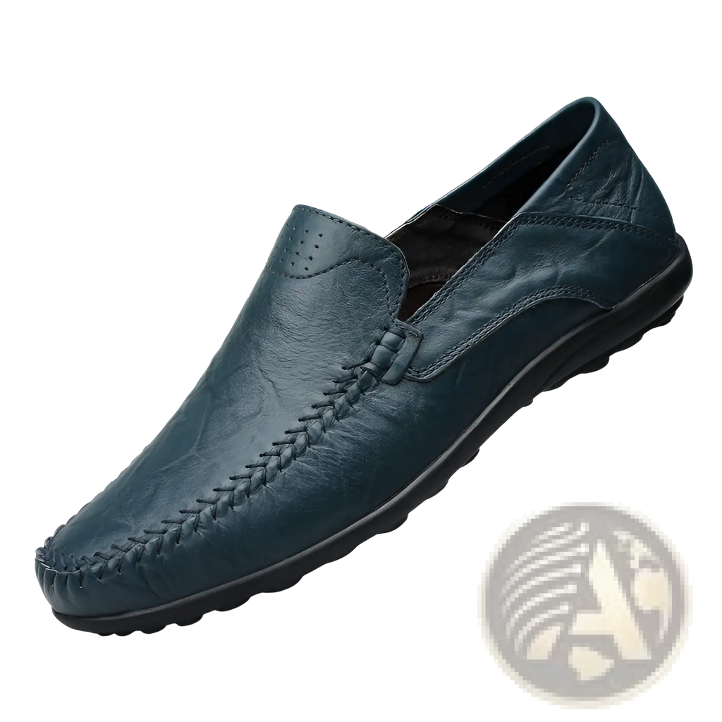 Dark teal cowhide leather breathable perforated gommino slip-on loafer with visible stitching and black rubber sole