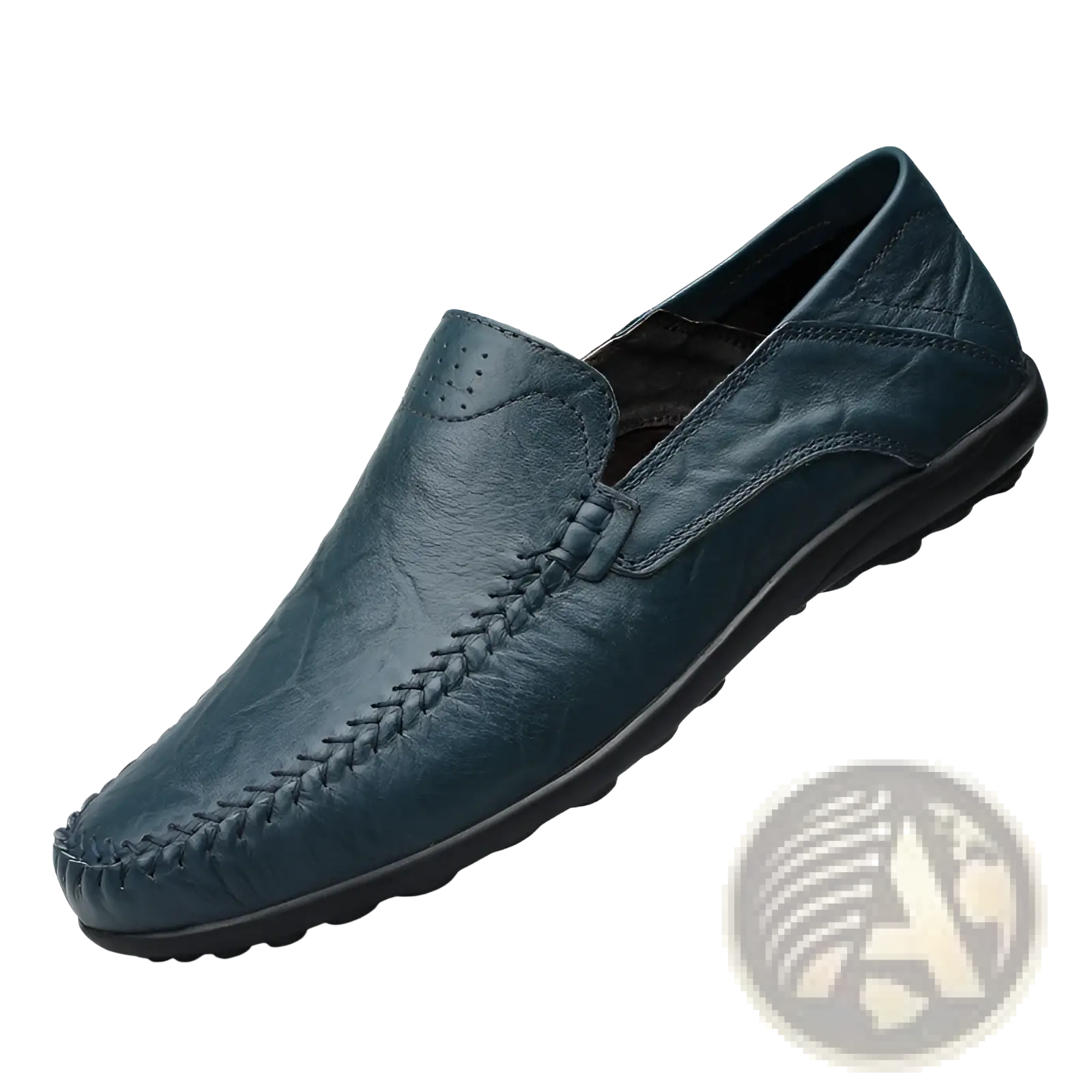 Dark teal cowhide leather breathable perforated gommino slip-on loafer with visible stitching and black rubber sole